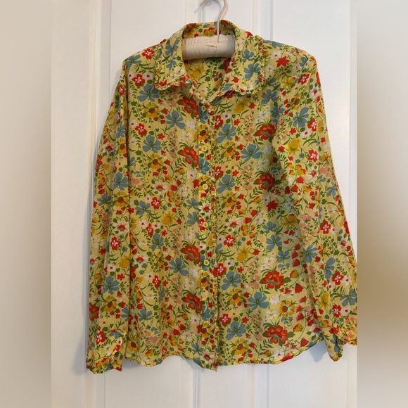 Persaman New York Tops - Persaman New York Floral Yellow Cotton Button Up Blouse w/ Floral Pattern. Sz L